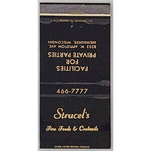 Vintage Matchbook Cover Strucel’s Fine Foods & Cocktails Milwaukee Wisconsin WI